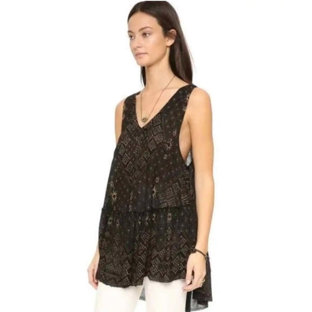 Free People Say It With A Layer Blk Astrologic Tiered Raw Hem Tunic Tank Top XS
